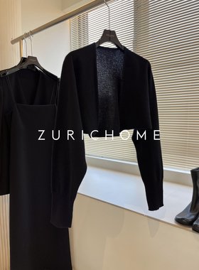 ZURICH HOME 及简大气 黑色半截小短款长袖披肩外套 黑色坎肩外套