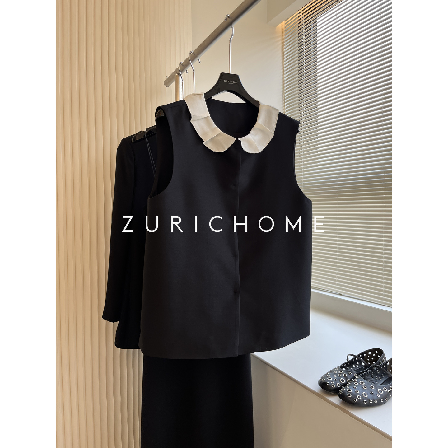 ZURICH HOME 可爱复古 娃娃领赫夲风娃娃领黑色丝毛 无袖背心上衣