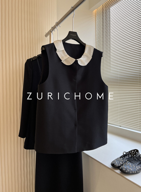 ZURICH HOME 可爱复古 娃娃领赫夲风娃娃领黑色丝毛 无袖背心上衣