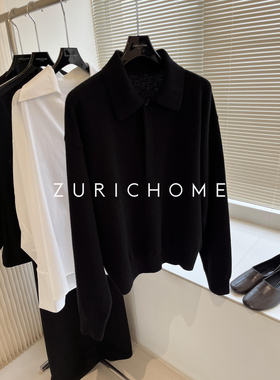 ZURICH HOME 爱ROW风 高智休闲庸懒 黑色POLO领羊毛V领针织衫上衣