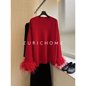 HOME 红气狠养人灵动羽毛袖 圆领套头羽毛袖 ZURICH 红色针织衫 上衣