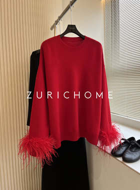 ZURICH HOME 红气狠养人灵动羽毛袖圆领套头羽毛袖红色针织衫上衣