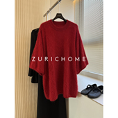 ZURICH 红色拉绒羊绒针织衫 HOME 庸懒随兴毛茸毛茸宽松休闲五分袖