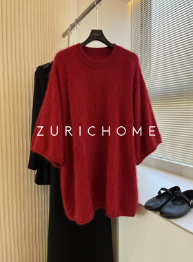 ZURICH HOME 庸懒随兴毛茸毛茸宽松休闲五分袖红色拉绒羊绒针织衫