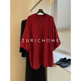 ZURICH HOME 庸懒随兴毛茸毛茸宽松休闲五分袖红色拉绒羊绒针织衫