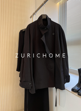 ZURICH HOME 庸懒随兴大廓型 立领黑色中长款廓型落肩袖风衣外套