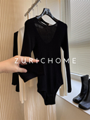合体修身 高弹亲肤 深V绢丝长袖 优雅芭蕾 打底衫 黑色针织连体衣