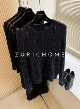 ZURICH HOME 星星闪小亮片 神秘湛蓝亮片 丝羊绒绞花羊绒套头毛衣
