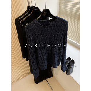 ZURICH HOME 星星闪小亮片 神秘湛蓝亮片 丝羊绒绞花羊绒套头毛衣
