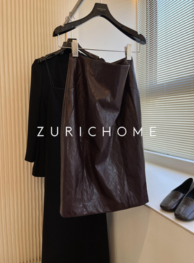 ZURICH HOME 及简百搭 绵软舒适褶皱肌里 高腰显瘦蛋白皮半裙皮裙