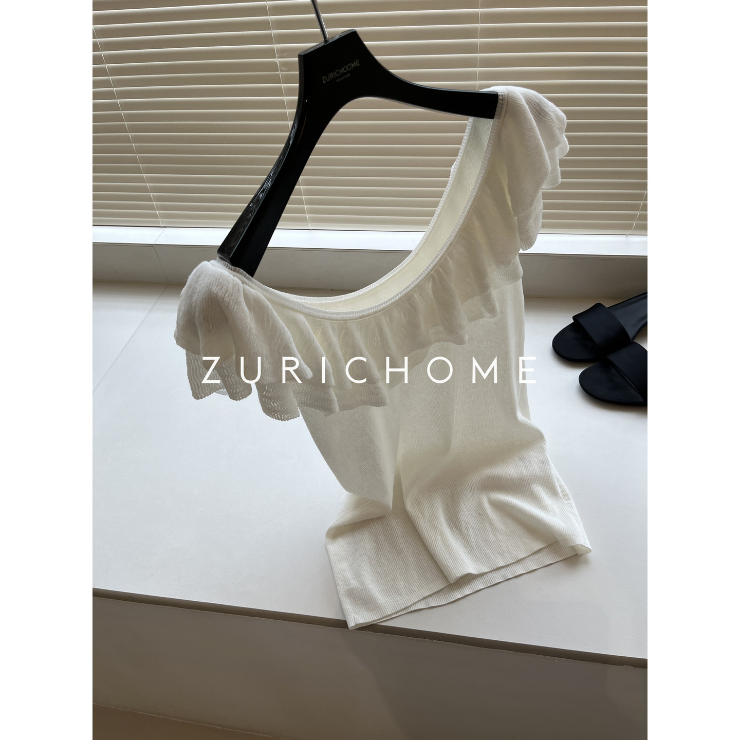 ZURICH HOME 夏日浪慢针织弹力大圆领双层荷叶波浪领针织衫上衣