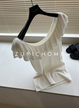 ZURICH HOME 夏日浪慢针织弹力大圆领双层荷叶波浪领针织衫上衣