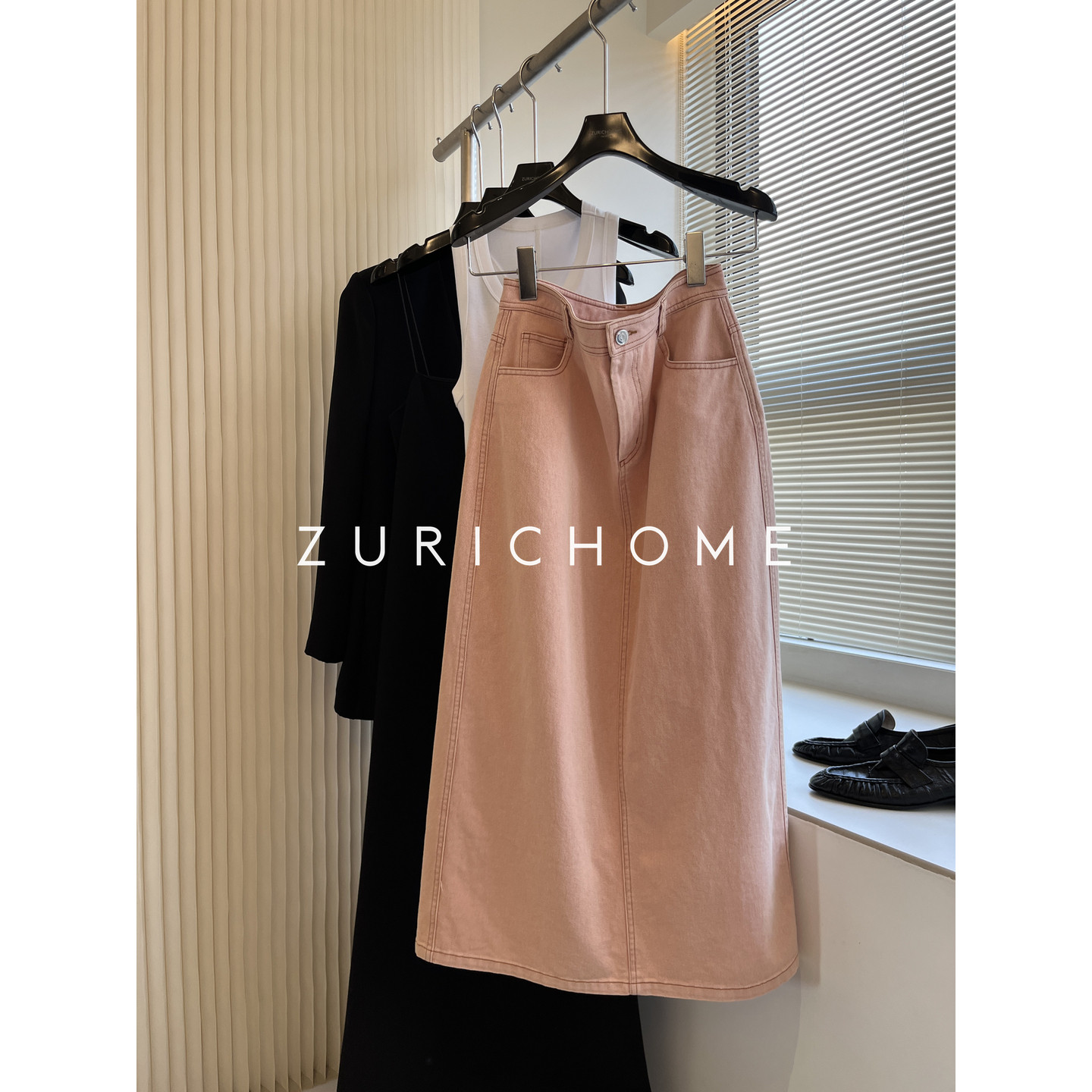 ZURICH HOME 2026春款 甜酷少女 后开叉直桶牛仔半裙 粉色牛仔裙