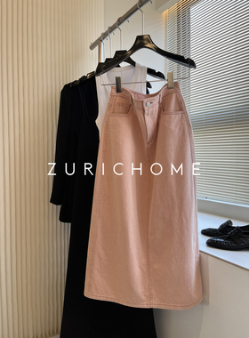 ZURICH HOME 2026春款 甜酷少女 后开叉直桶牛仔半裙 粉色牛仔裙