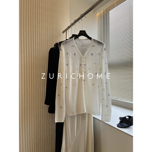 亮片花朵轻薄V领小花朵羊绒开衫