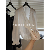 前短后长薄棉白色蕾丝花瓣边法风白衬衫 浪慢法风 重工刺绣好工艺