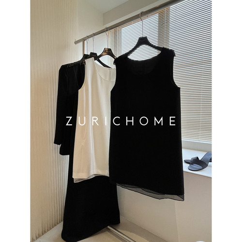 欧根纱下摆白色黑色无袖连衣裙