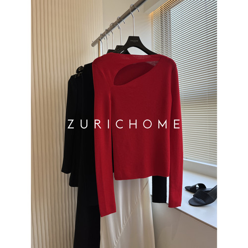 前襟镂空长袖一字领针织衫上衣