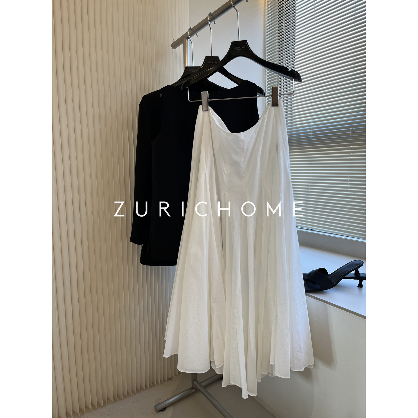 ZURICH HOME 一眼爱 重工重料褶皱大摆灵动维美白色百褶棉质半裙