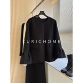 HOME 优雅又俏皮 重工丝羊毛 ZURICH 可爱荷叶袖 黑色丝羊毛短外套