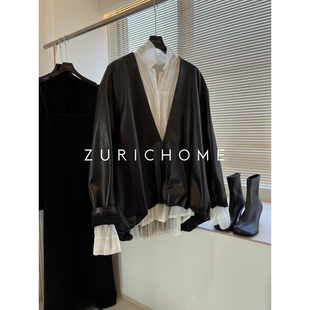 简约不简单 ROW系穿搭 下摆收褶深V领气质小羊皮上衣 HOME ZURICH