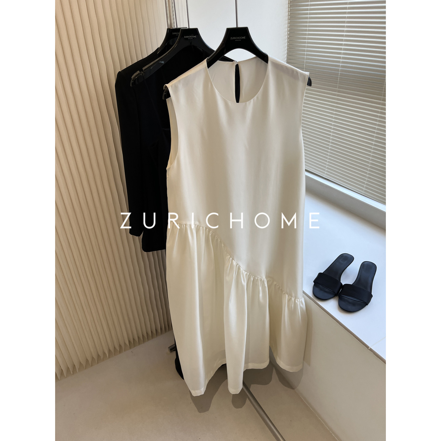 ZURICH HOME 优雅随兴 斜拼接宽松休闲 无袖轻薄丝质背心裙连衣裙