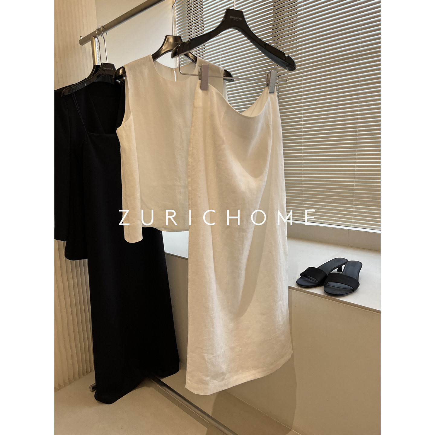 ZURICH HOME 休闲白色亚麻背心+白色亚麻半裙 粉色亚麻背心套装