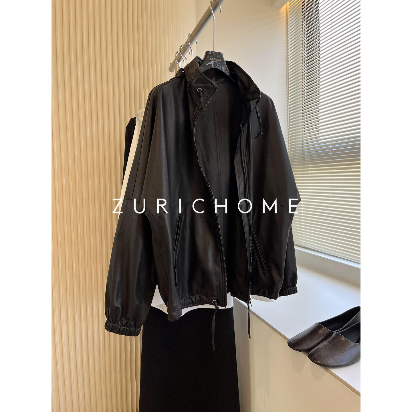 舒适休闲百搭连帽黑色皮衣外套