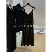 孤ZURICH 绿色丝绒鱼尾摆半裙 优雅女人扭结设计 HOME 复古时髦