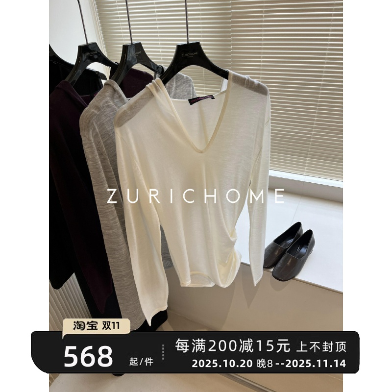 侧腰褶裥显瘦薄款连帽羊毛针织衫