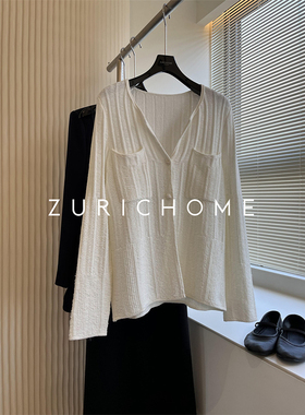 休闲香奶 庸懒高及 温暖干净 白色卷边和纸纱V领针织开衫外套