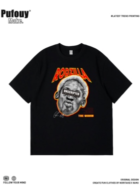 罗德曼Rodman美式复古篮球嘻哈小领口t恤纯棉印花男女宽松短袖ins