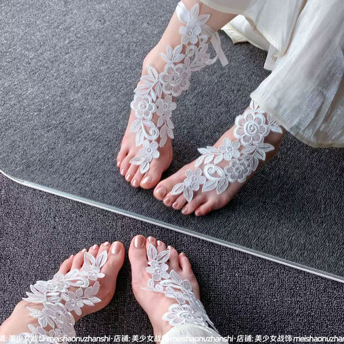 纯欲足饰 性感镂空白色蕾丝女脚脖装饰拍照写真绑带脚链