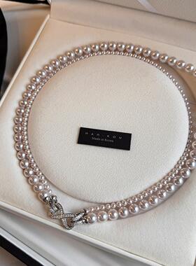 玻璃玫瑰紫色珍珠项链女小众高级感双层叠戴锁骨链网红毛衣卫衣链