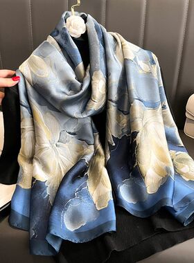 春夏薄款丝巾高级感印花长巾新款缎面旅游防晒纱巾民族风披肩批发