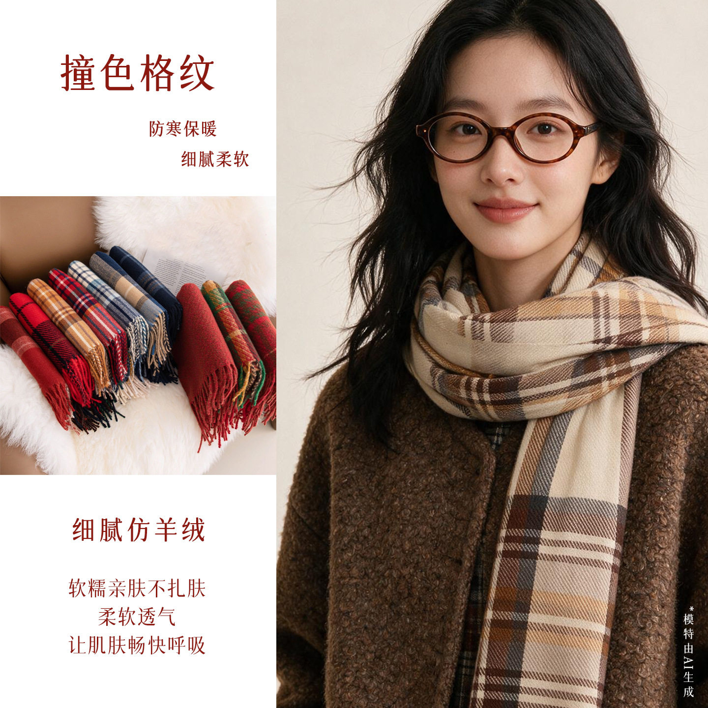 2026跨境仿羊绒格子围巾女冬季高级感时尚简约围脖中长款保暖披肩