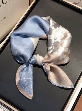 春季韩国小领巾百搭装饰几何拼接真丝围巾女发带新款桑蚕丝丝巾