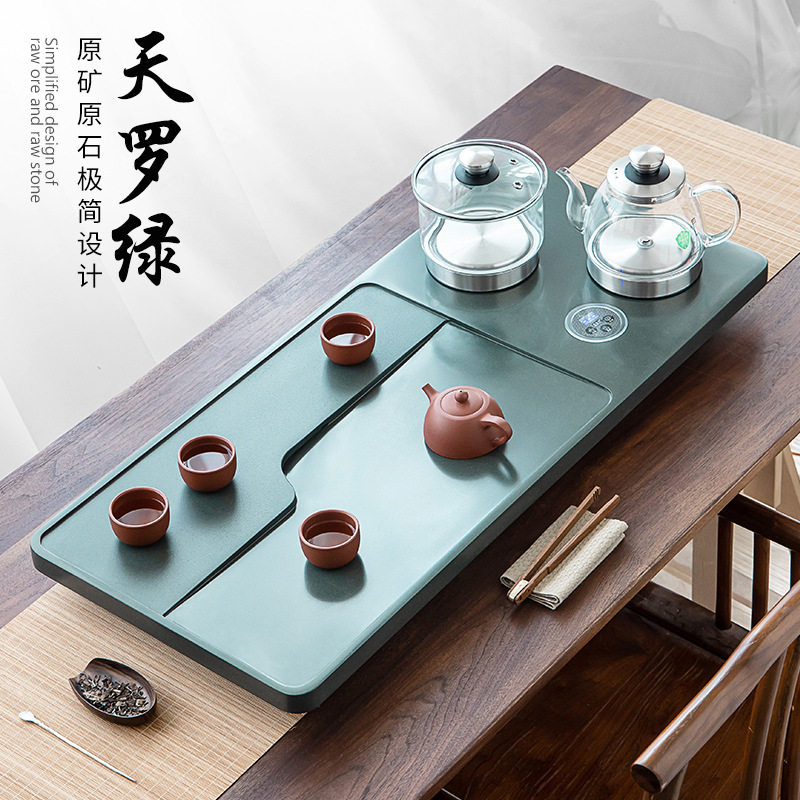 天然天罗绿石茶盘整块家用高端乌金石头茶台全自动电器一体茶海
