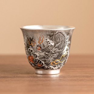 鱼化墨龙主人杯单杯水墨风高档单个茶具茶杯999鎏银功夫茶品茗杯