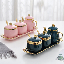 Nordic emerald household ceramic seasoning pot salt MSG pot soy sauce pot seasoning bottle oil vinegar pot seasoning box set