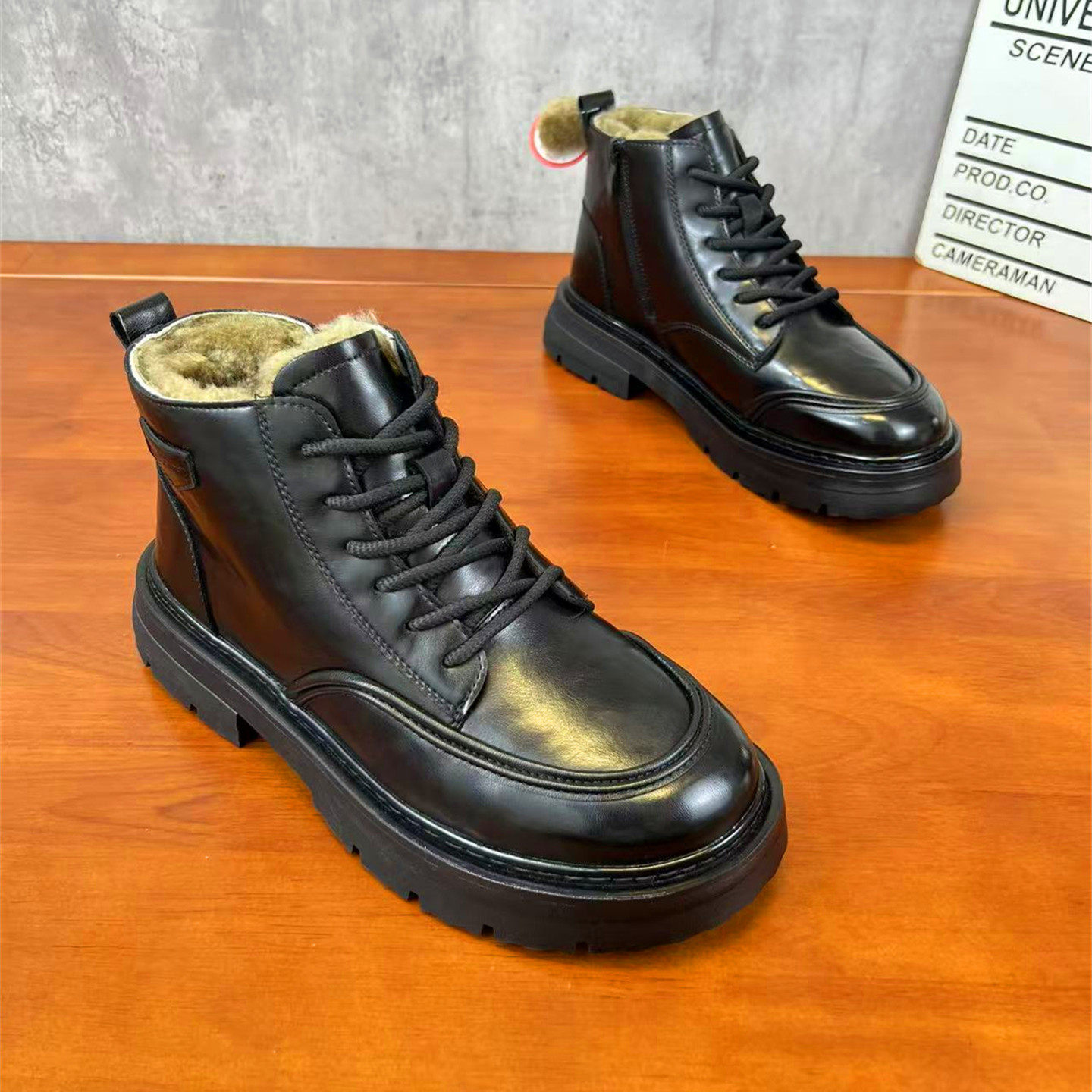 冬季男士潮流马丁靴保暖棉鞋羊毛皮毛一体真皮鞋子软底男鞋厚底鞋