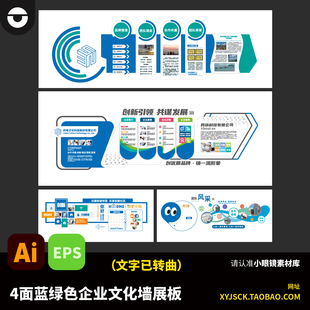 4面蓝绿色企业文化墙展板宣传栏企业文化理念文化墙AI/EPS格式