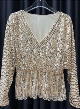 聚会新款重手工BLING华丽钉珠亮片蝙蝠袖上衣显瘦大码T恤150斤女