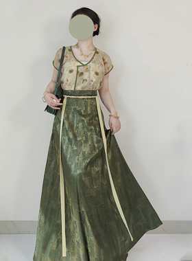 【观止织造｜有栗】唐制汉服唐背子12破交窬裙印花绿色简约日常风