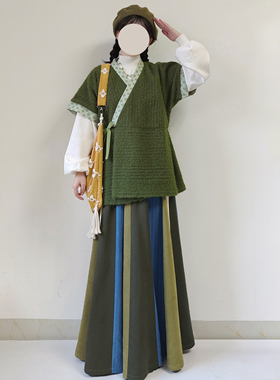 【观止织造｜如茵】唐制汉服元素半臂交窬裙毛呢绿色印花日常秋冬