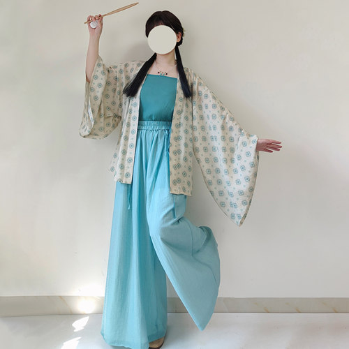 【观止织造｜夏月】晋制汉服元素褶衣阔腿裤人棉天丝蓝色春夏日常