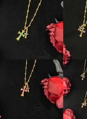 22k金色双十字项链百搭气质锁骨毛衣链