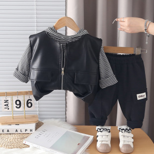 皮衣马甲三件套婴儿小童衣服男孩潮 宝宝春装 男童春秋套装 2026新款