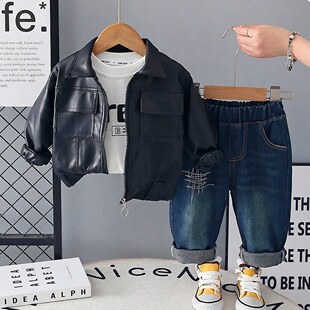 帅气皮衣外套三件套小童装 男宝宝春装 春秋季 新款 衣服 洋气套装