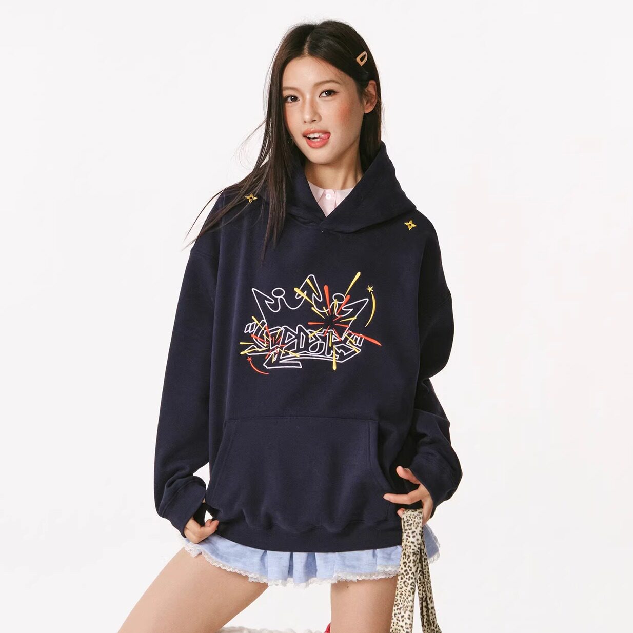 SCPD休闲连帽卫衣潮牌男女外套烟花刺绣宽松藏青色帽衫保暖上衣